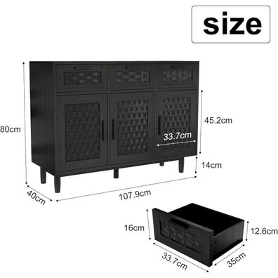 Sideboard Kommode Schwarz mit 3 Schubladen und 3 Türen, Boho Küchenschrank für