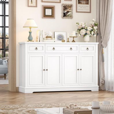 FirFurd Sideboard Buffetschrank mit 3 Schubladen und 4 Türen, weiß, 134x87x40 cm