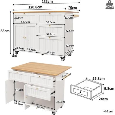 Lahoomu Kücheninsel Buffetschrank Speisewagen mit Holzmaserung Weiß 133x70x88cm