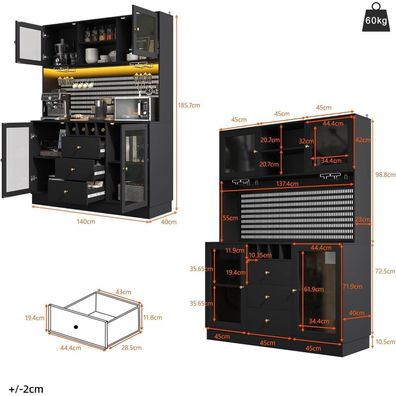 Huayz Hochschrank mit LED Beleuchtung, 140x40x185.7 cm, Schwarz