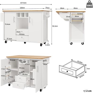 DRIXNO Küchenschrank Küchenwagen 120 cm mit klappbarer Arbeitsplatte, Weiß
