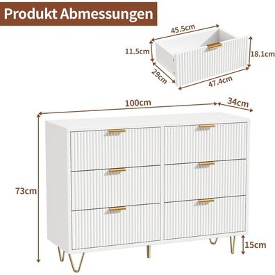 Aneutr Kommode mit 6 Schubladen, modernes weißes Sideboard für Wohnzimmer