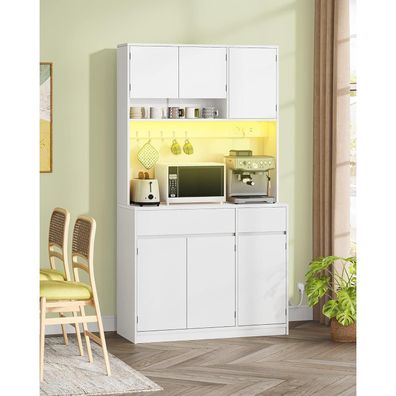 Hzuaneri Küchenschrank mit Steckdosen und LED-Lichtleisten, 40x100x180 cm, Weiß