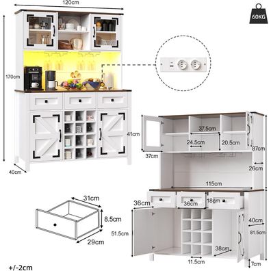 Hoher Küchenschrank Weiß mit USB, Steckdosen, LED-Lichtleiste, 4 Türen & 3