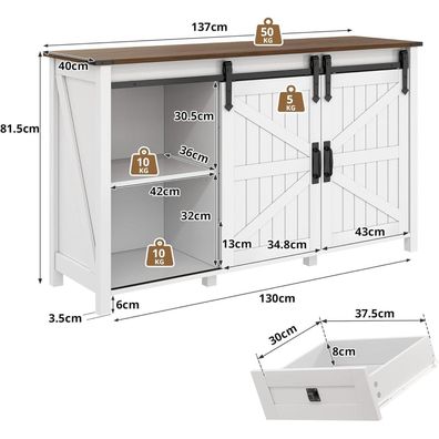 DRIXNO Sideboard 137 cm mit 2 Schiebetüren und 4 Schubladen, Weißer