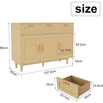 Sideboard Kommode mit 3 Schubladen und 3 Türen im Boho-Stil, 108x40x80cm