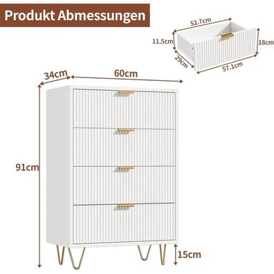 Aneutr Kommode mit 4 Schubladen, modernes weißes Sideboard für Wohnzimmer