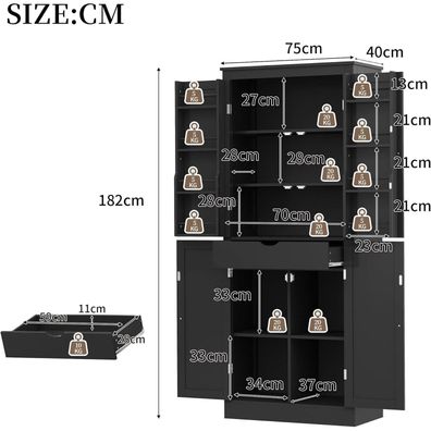 VIVCA Küchenschrank Hochschrank Sideboard mit 2 Regaltüren, Schublade