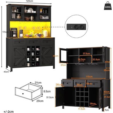Huayz Hoher Küchenschrank Schwarz mit USB, Steckdosen, LED & 4 Türen, 3