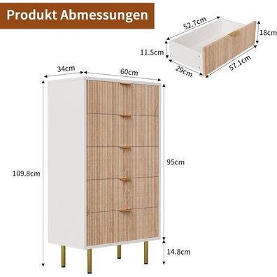 Aneutr Kommode mit 5 Schubladen, modernes Sideboard aus Holz mit Metallgriffen