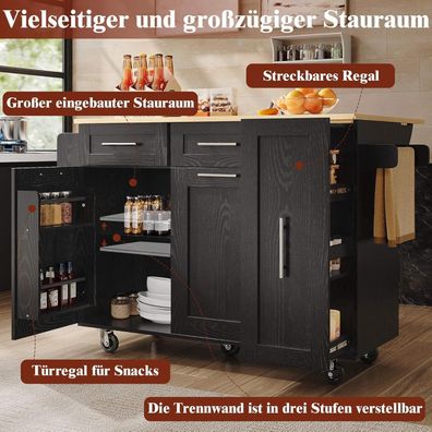 DRIXNO Kücheninsel mit ausklappbarer Tischplatte und vielseitigem Stauraum