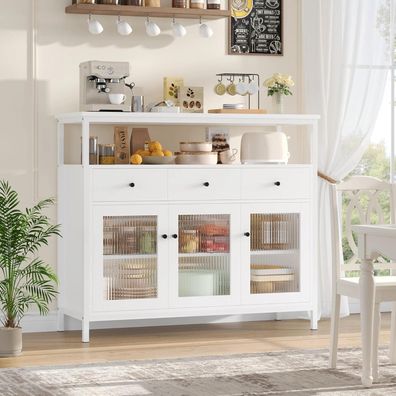 FirFurd Sideboard mit Arbeitsplatte, 3 Schubladen & 3 Glastüren, Kommode für