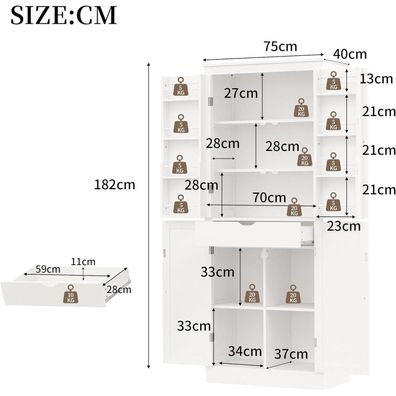VIVCA Multifunktionaler Küchen-Hochschrank mit zwei Regaltüren, Schublade und