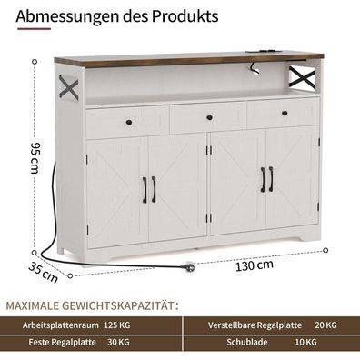 BonVache Sideboard Cremeweiß Holzoptik, Küchenschrank mit Schubladen und