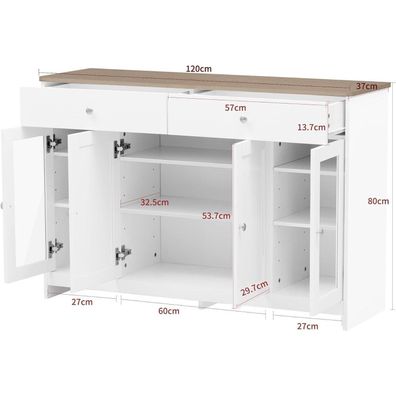 Aurofurz Sideboard Buffetschrank mit 4 Türen, 2 Glastüren, 2 Schubladen, weißer