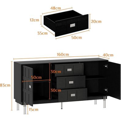 Premture Schwarzes Sideboard mit 3 Schubladen und 2 Türen, 160x40x83 cm, MDF