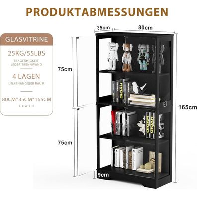 Bpkadhy Glasvitrine mit LED Beleuchtung, 165x80x35cm, 4 Ebenen, 4 Glastüren