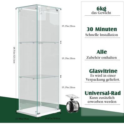 Standvitrine mit LED Beleuchtung, 3 Glasböden, abschließbarer Glastür, 3