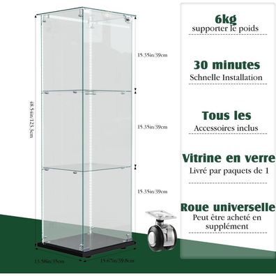Timorwtf Glasvitrine mit LED, 1 Tür mit Schloss, 3 Ablagen, 123x40x35 cm