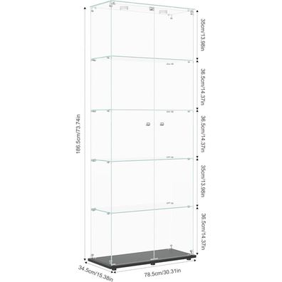 Bpkadhy Glasvitrine Standvitrine mit LED, 2 abschließbare Türen, 5 Glasböden