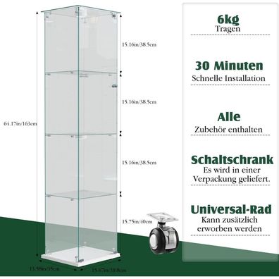 Bpkadhy Glasvitrine Standvitrine mit LED Beleuchtung, 4 Glasböden
