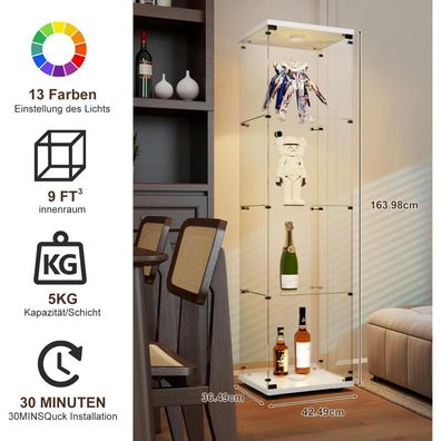 Blsyhdh Glasvitrine Standvitrine mit LED, 4 Einlegeböden, 1 Tür, weiß, 163,96