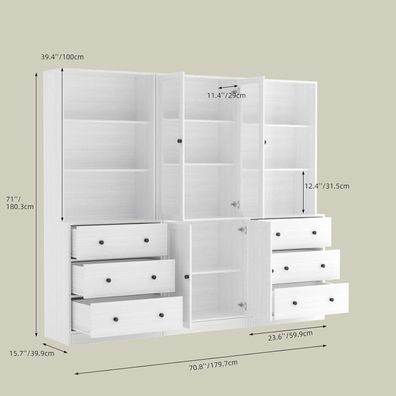 VOWNER 5-stöckiges Bücherregal mit Glastüren, 180 cm Vitrinenschrank für Küche