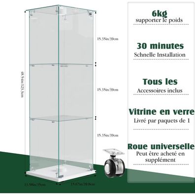 Timorwtf Glasvitrine mit LED Beleuchtung, 1 verschließbare Tür, 3 Ablagen