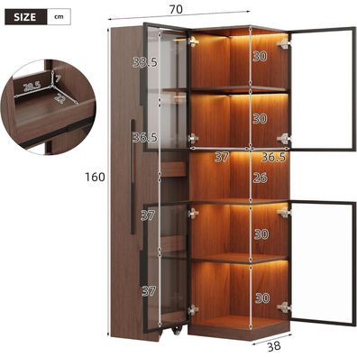 Dolamaní Vitrine 70x38x160cm mit LED, Ausziehregal, Doppelglas, Walnussbraun B