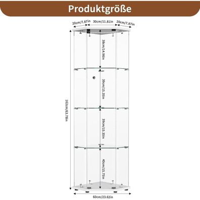 Standvitrine mit LED, 4 Etagen, 1 Tür mit Schloss, Glas und Holzsockel, Weiß