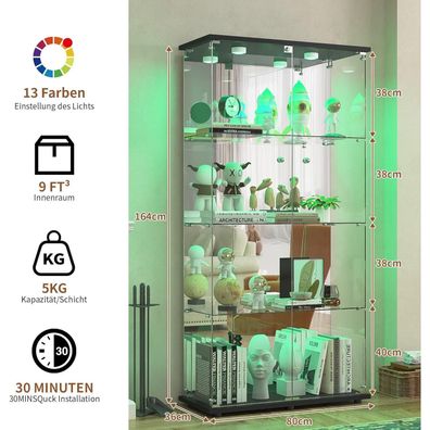 Moderne Glas Standvitrine mit LED, Spiegelrückwand, 4 Glasböden, 2