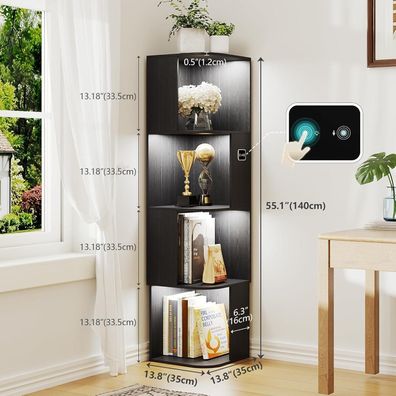 Gurexl Eckvitrine mit 3 LED Beleuchtung, 4-stufiges Bücherregal, modern, schwarz