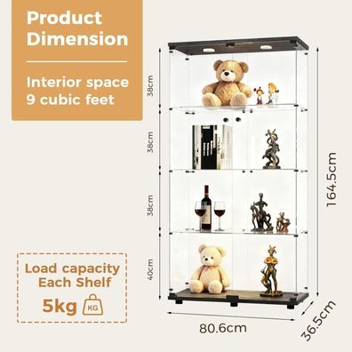 Gawyoex Glasvitrine mit LED, 164.5cm, vierstöckig, abschließbar, 2 Türen