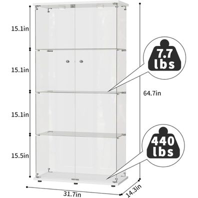 Blsyhdh Glasvitrine Standvitrine mit LED und 2 Türen, 4 Einlegeböden, weiß