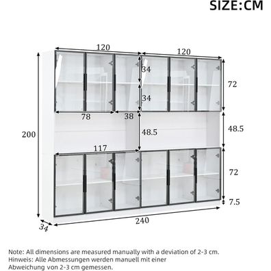 Dolamaní Vitrine mit LED Beleuchtung, 12 Glasstüren, 240x34x200 cm, Weiß B