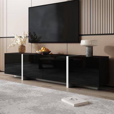 LANTRO JS TV Schrank Schwarz, 170x30x39cm - Lowboard mit Türen und Schubladen