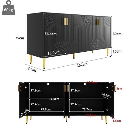 LANTRO JS Sideboard mit Wellendesign, goldenen Griffen und Füßen, Schwarz