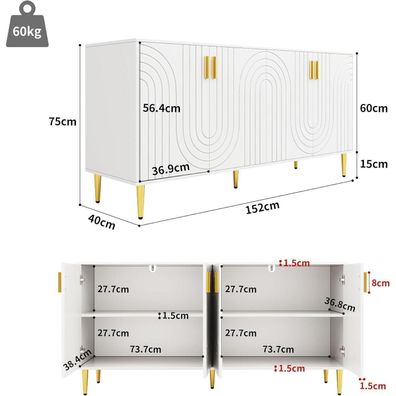 LANTRO JS Sideboard im Wellendesign mit goldenen Griffen und Füßen, Weiß