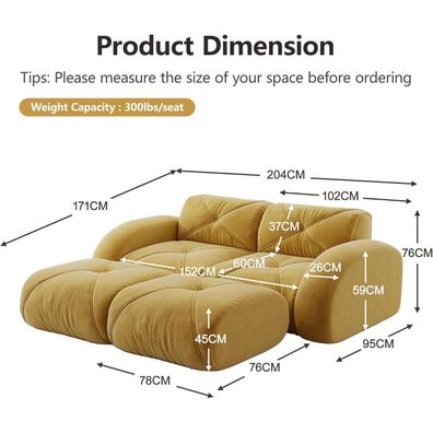 Dolamaní 2-Sitzer Sofa mit 2 Hockern, rahmenlos, 32D Schaumstoff, Chenille, Gelb