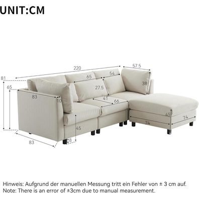 Modernes 3-Sitzer L-Form Sofa mit Fußhocker, Schlaffunktion, Beige Leinen