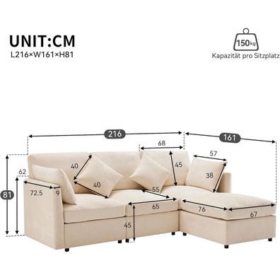 3-Sitzer Sofa mit Fußhocker aus Chenille, L-Form, Schlaffunktion, Beige