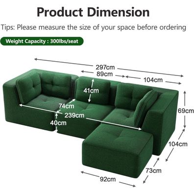 Dolamaní 3-Sitzer Ecksofa mit Fußhocker aus Cordstoff, modular, ohne Montage