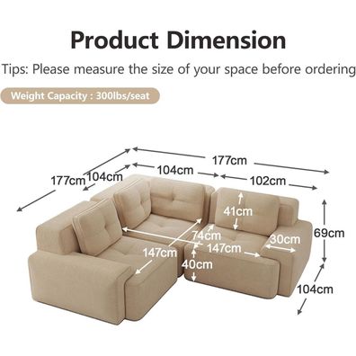 IHO SOFA Rahmenloses Sektionssofa, modulares Cord-Ecksofa mit tiefer