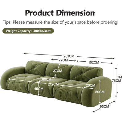 Dolamaní Modernes 3-Sitzer Cord Sofa aus Chenille, rahmenlos, ohne Montage, Grün