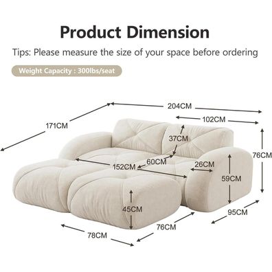 Dolamaní 2-Sitzer Sofa mit 2 Hockern, rahmenlos, Chenille, kein Aufbau nötig