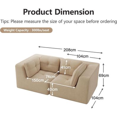Dolamaní 2-Sitzer Ecksofa aus Cordstoff, modular, ohne Montage, beige