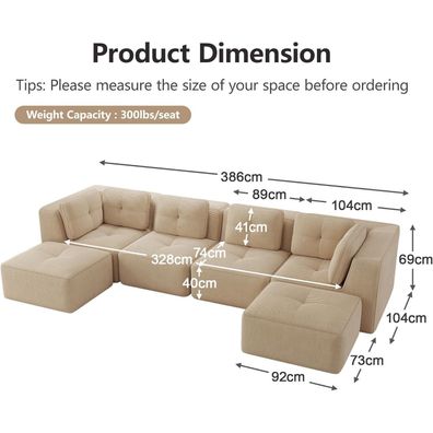 Dolamaní 4-Sitzer U-förmiges Ecksofa aus Cordstoff mit 2 Hockern, modular, ohne