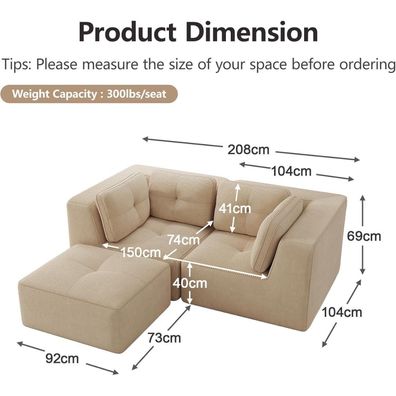 IHO SOFA Modulares Ecksofa mit Ottoman, Kein Aufbau Nötig, Tiefe Sitzfläche