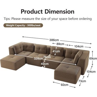 Dolamaní 4-Sitzer U-förmiges Ecksofa aus Cord, modulare Couch ohne Montage