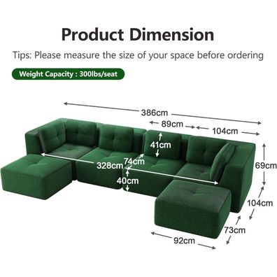 Dolamaní 4-Sitzer U-förmiges Ecksofa aus Cordstoff, modular, ohne Montage, grün